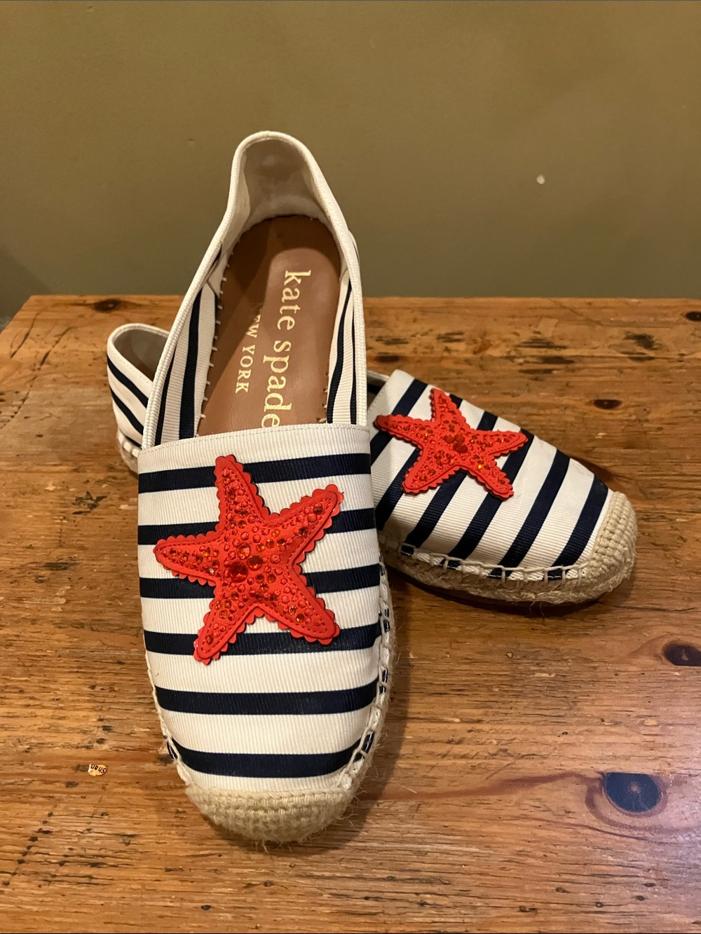kate spade Navy and White Striped Espadrilles with Red Starfish Appliqué
